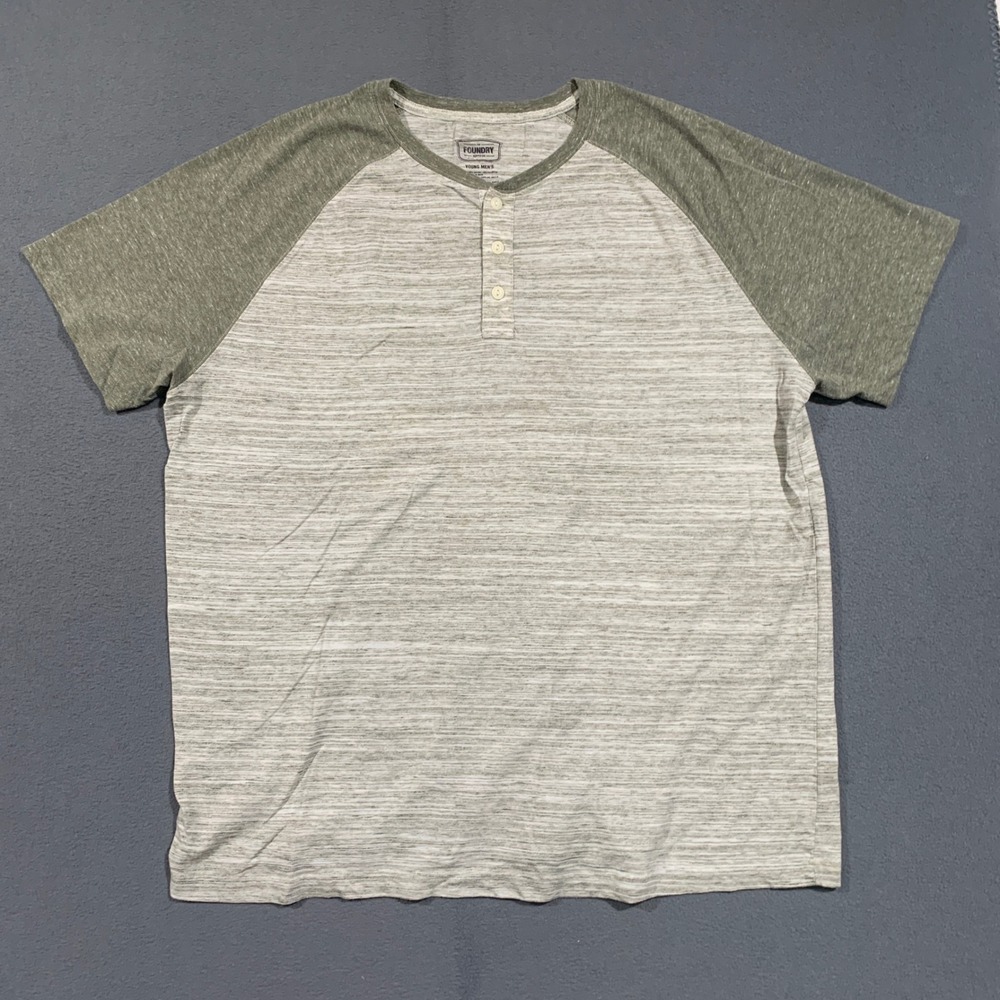 The Foundry Henley Shirt Mens 2XL Gray Green Raglan Space Dye Short Sleeve Tee